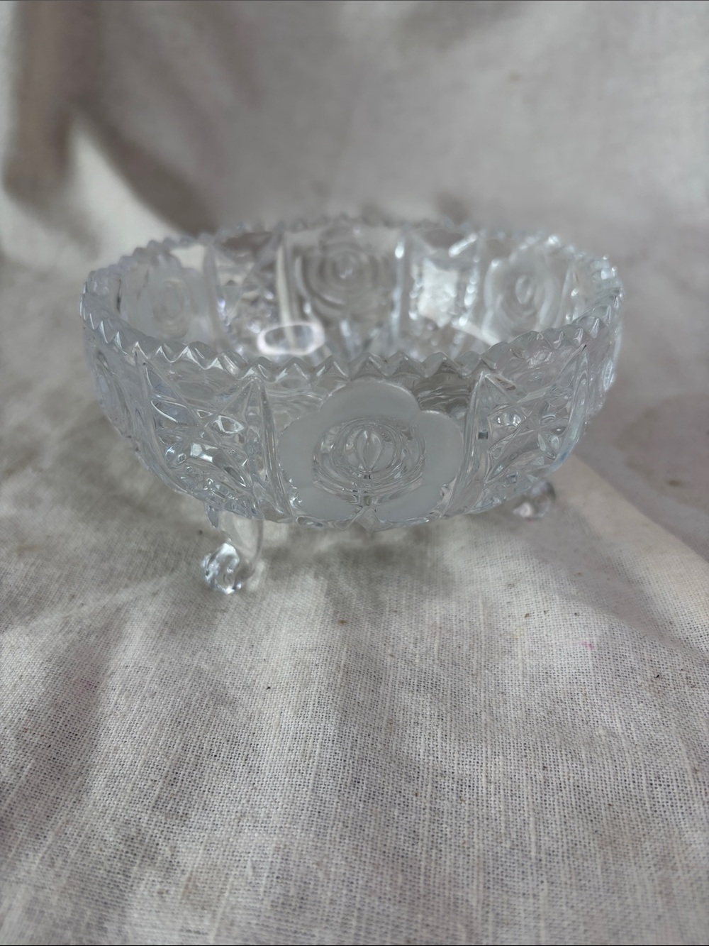 Pressed Glass Footed Bowl with Rose Motif - Clear